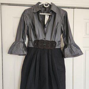 BCBG Max Azria Natasha Woven Dress Gray Black Bubble Skirt Bell Sleeve